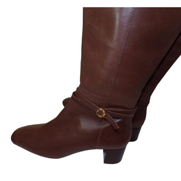 Tory Burch Squared Toe Mid Zip-Up-Perfect Brown Heeled Boot Gold Logo sz 8 New - Picture 6 of 7